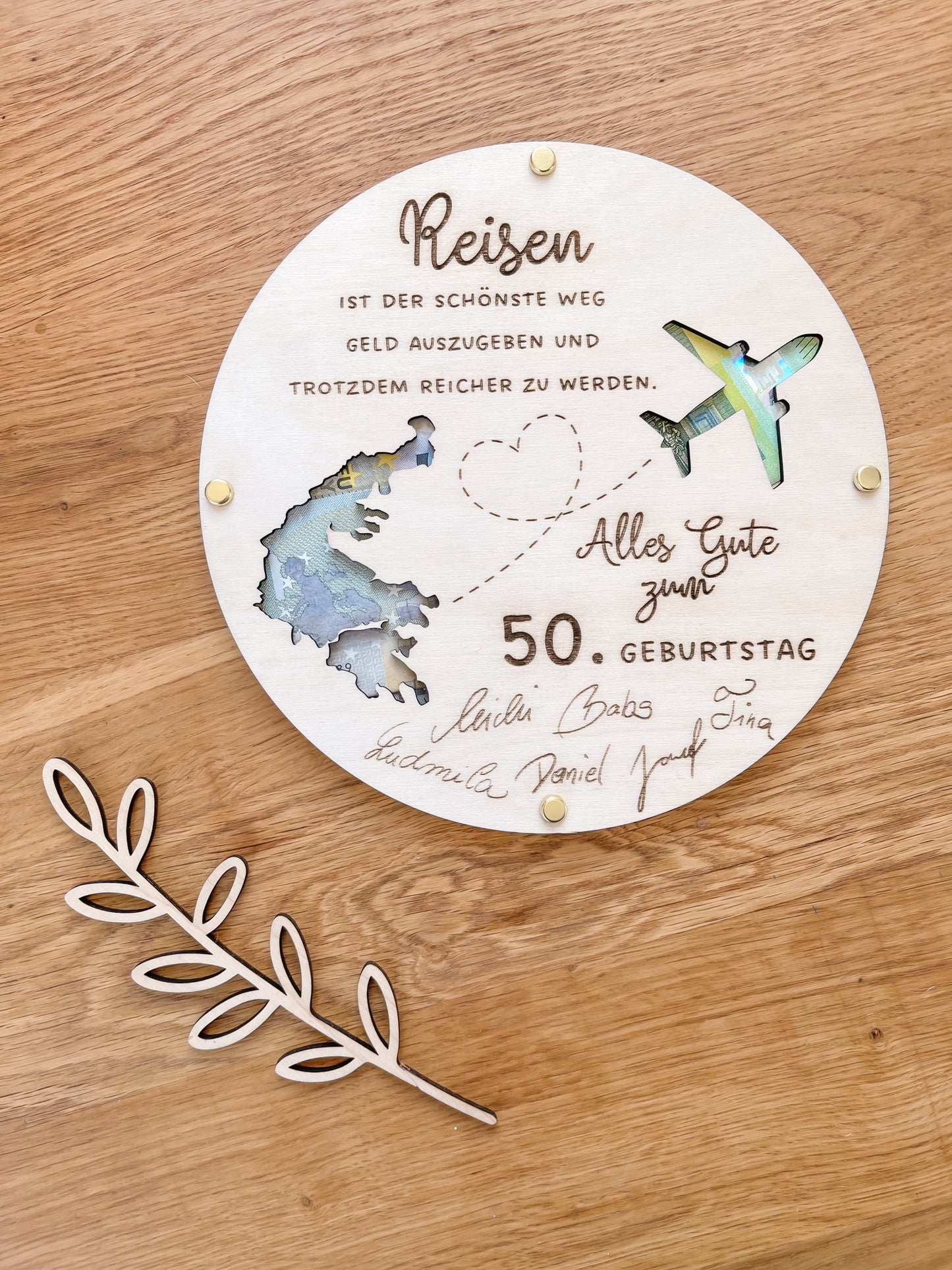 Holzschild Geldgeschenk Flugzeug