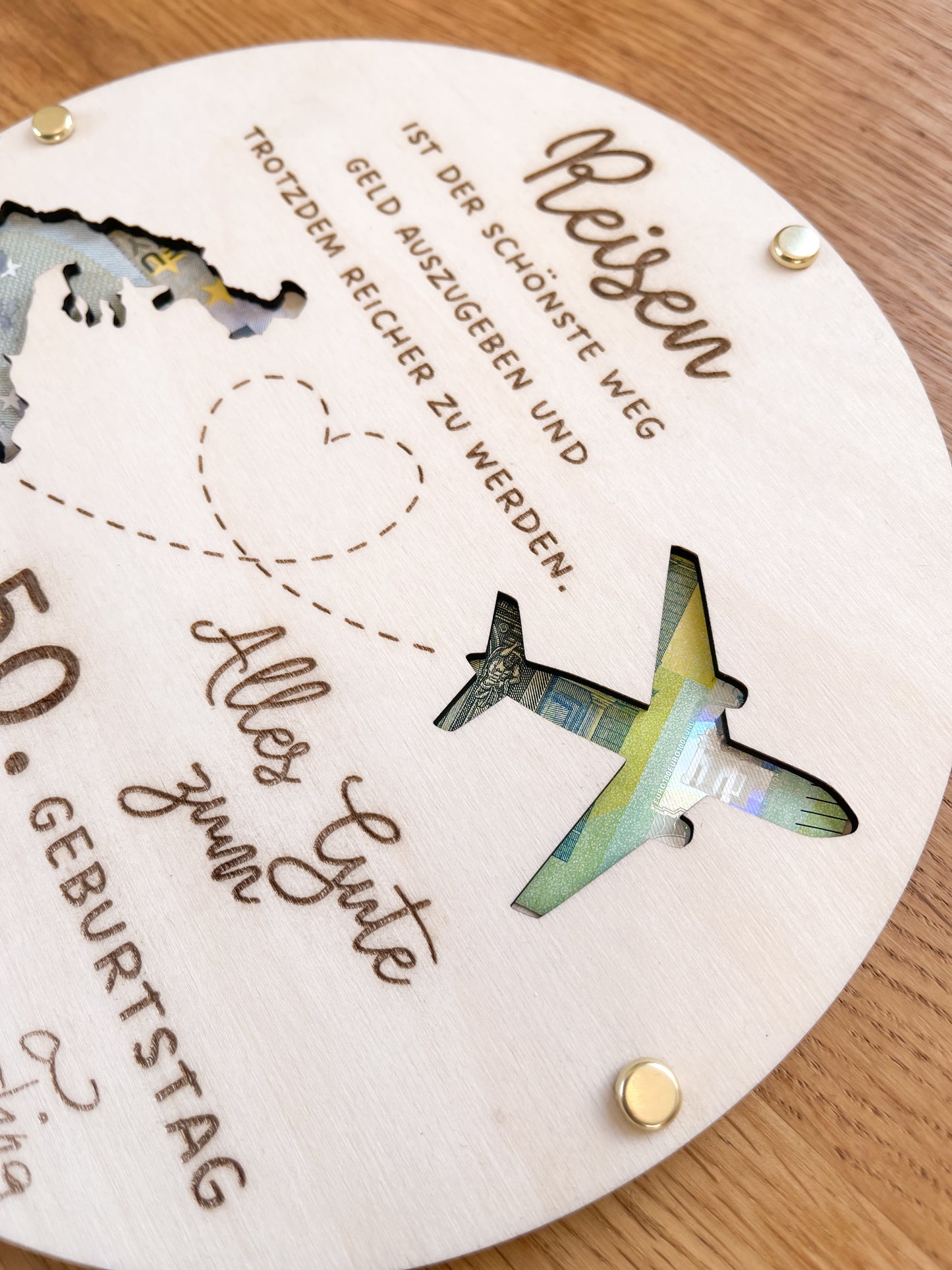Holzschild Geldgeschenk Flugzeug
