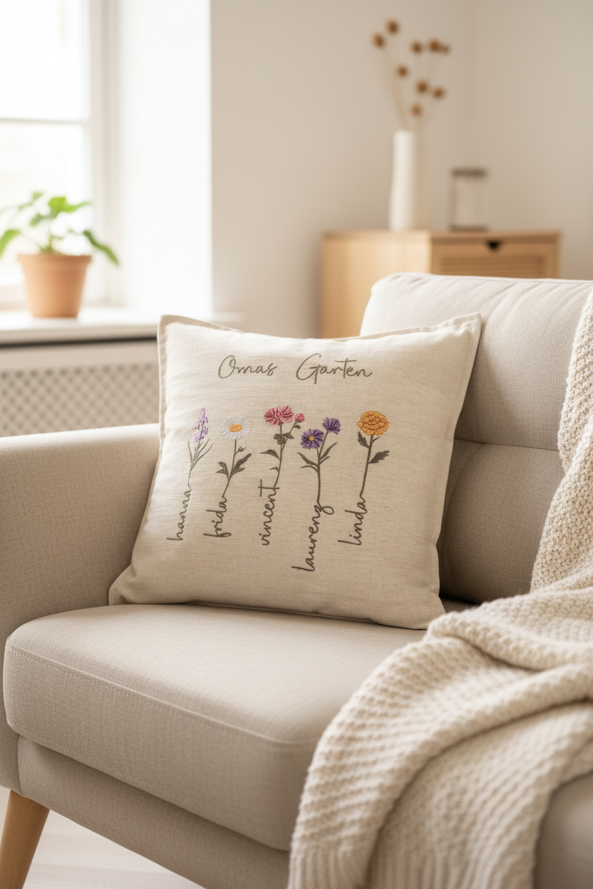 Personalisiertes Kissen – Mamas/Omas Garten – Geburtsblumen mit Namen bestickt