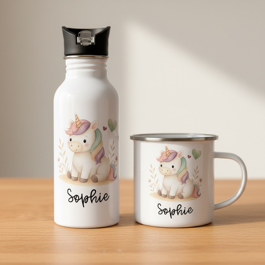Mein Lieblingsset – personalisierte Edelstahlflasche & Emailletasse •Einhorn•