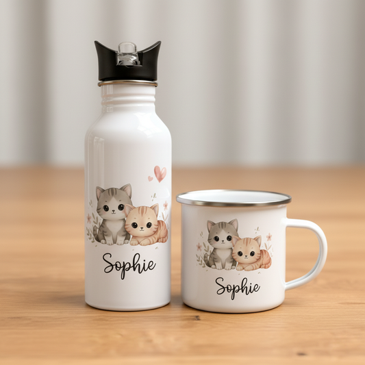 Mein Lieblingsset – personalisierte Edelstahlflasche & Emailletasse •Kätzchen•