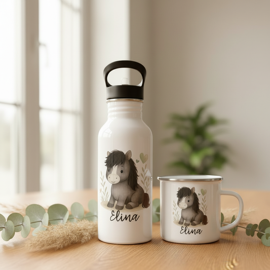 Mein Lieblingsset – personalisierte Edelstahlflasche & Emailletasse •Pony Finn•