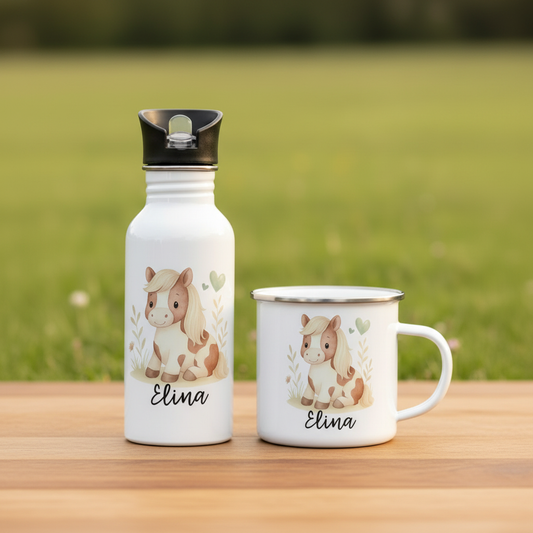 Mein Lieblingsset – personalisierte Edelstahlflasche & Emailletasse •Pony Leo•